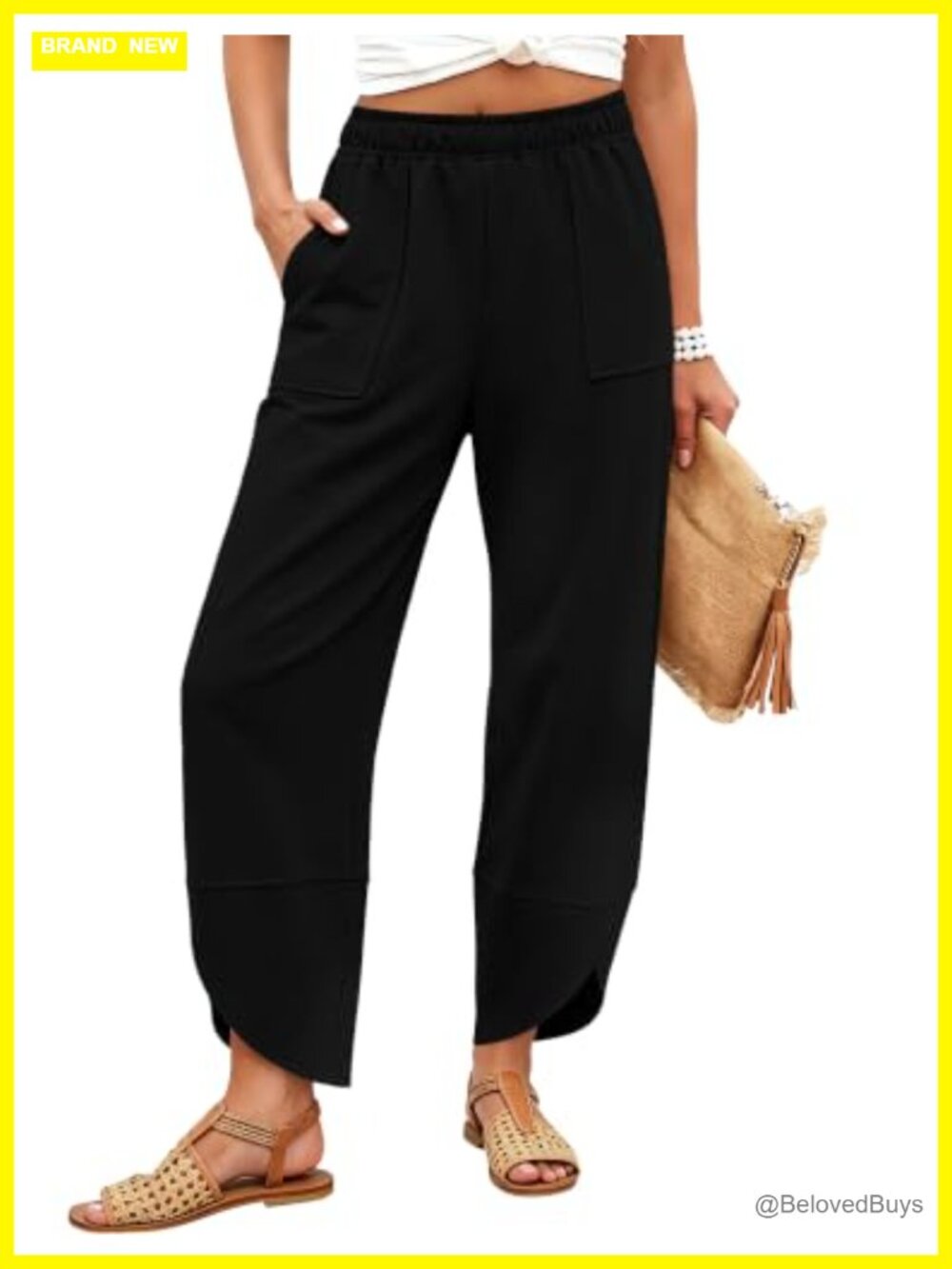 Wide Leg Pleated Elastic Waist Pants Cotton Polyester Blend Pull On